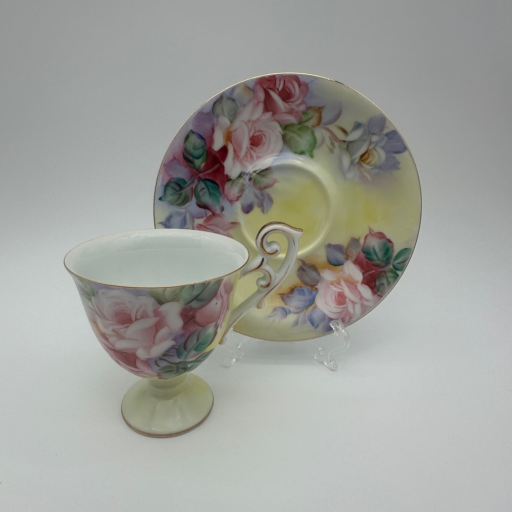 Lefton China Hand Painted Rose Teacup and Saucer Set CY222 Pink Yellow Gold Trim